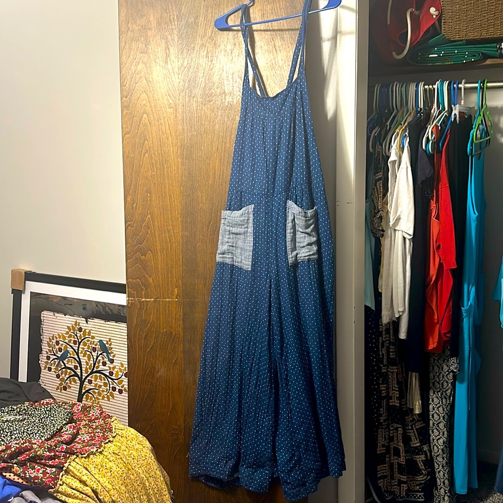 Natural Life Dakota Tie Overall - Navy Dots - Size Medium